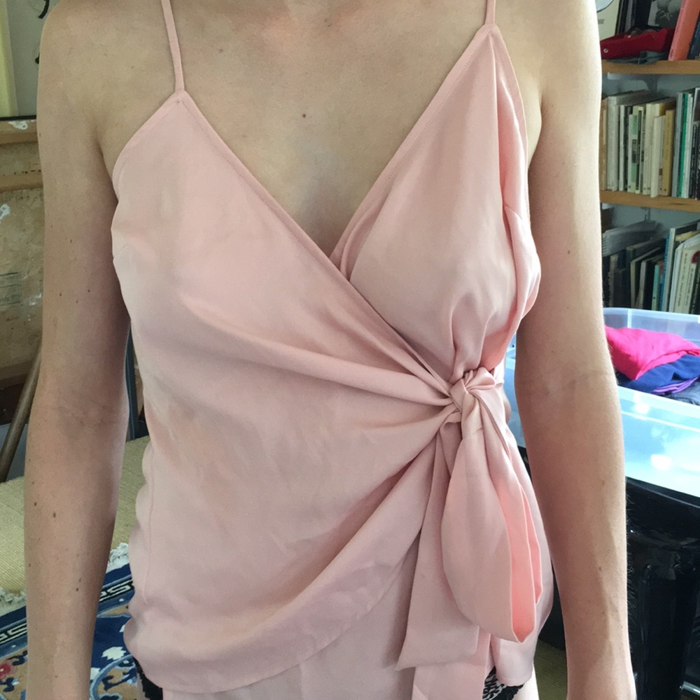 Light pink silky blouse tie front